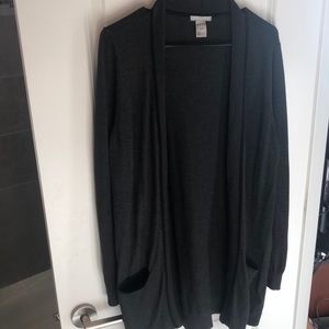 H & M 3/4 length cotton cardigan. Size small. Dark grey with black trim.